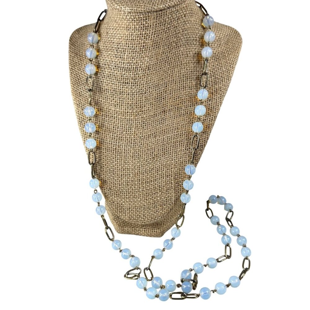 Vintage Opalescent Glass Beaded Necklace Brass Gold Color Chain Links Long
